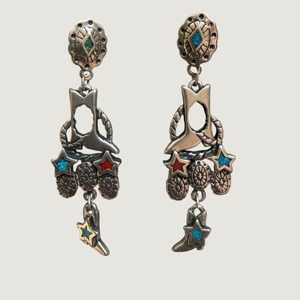 Silver Western Cowboy Boot Star Dangle Earrings Turquoise Red Stone Inlay 1992
